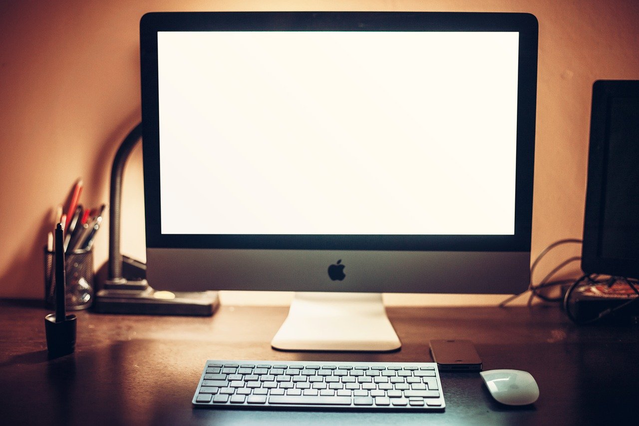 apple, monitor, desk